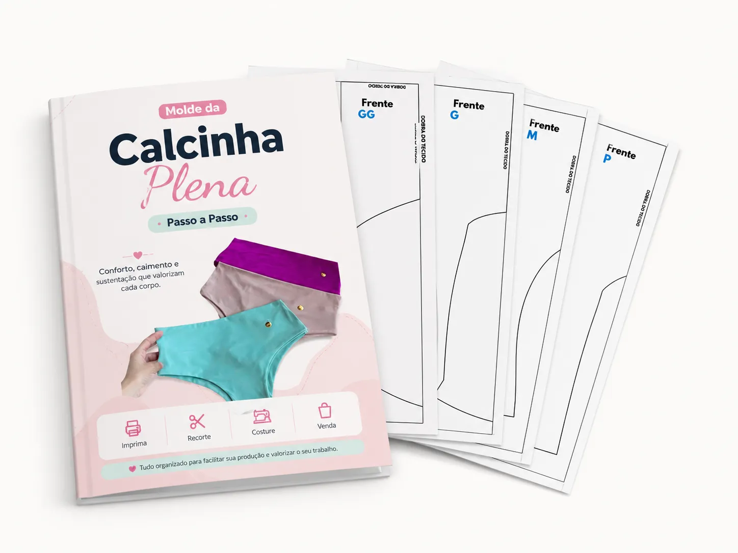 Mockup do Molde da Calcinha Plena em PDF com as folhas dos tamanhos P, M, G e GG