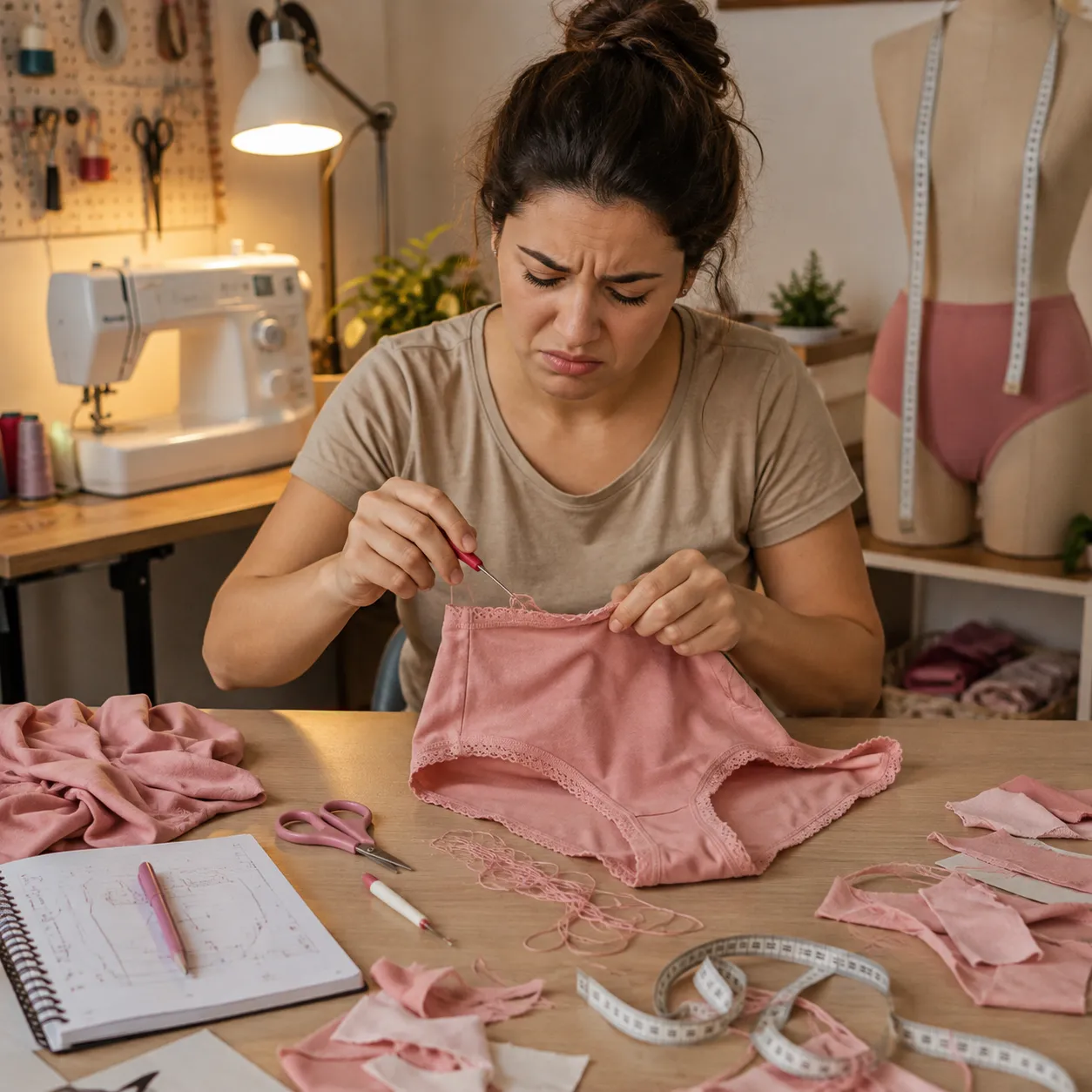 Costureira desmanchando a costura de uma calcinha rosa