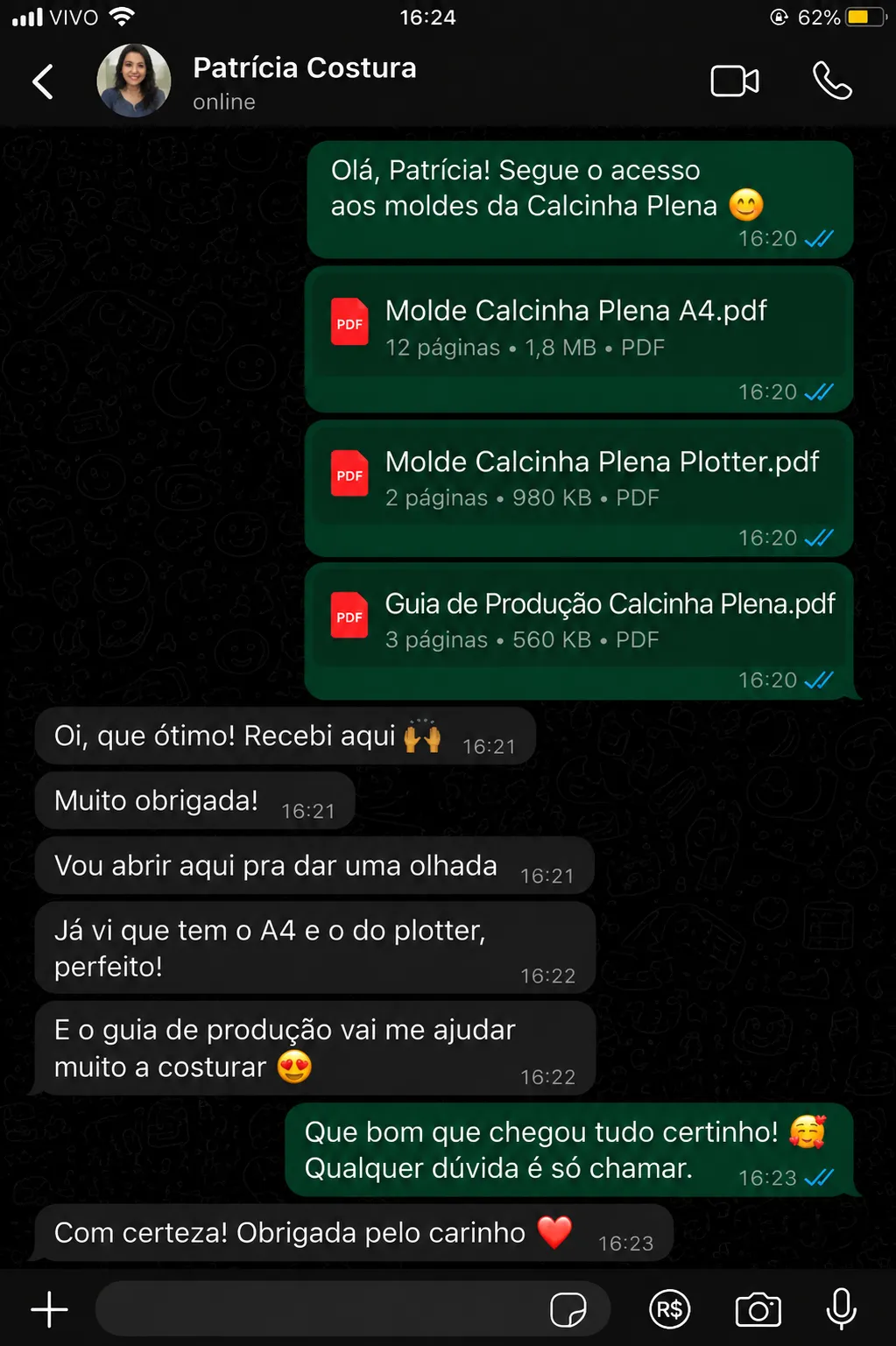 Conversa no WhatsApp com o envio dos moldes da Calcinha Plena