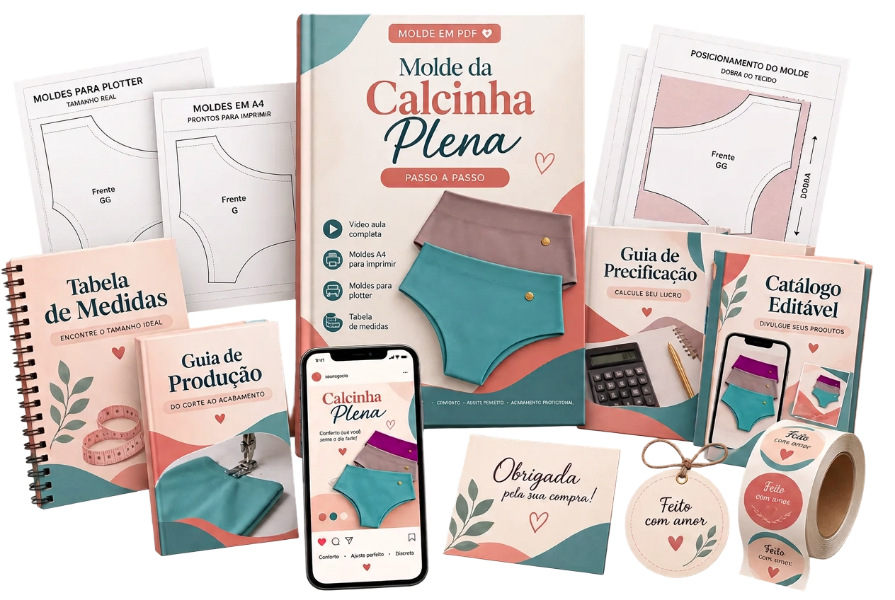Kit profissional do Molde da Calcinha Plena com guias, tabela de medidas e videoaula