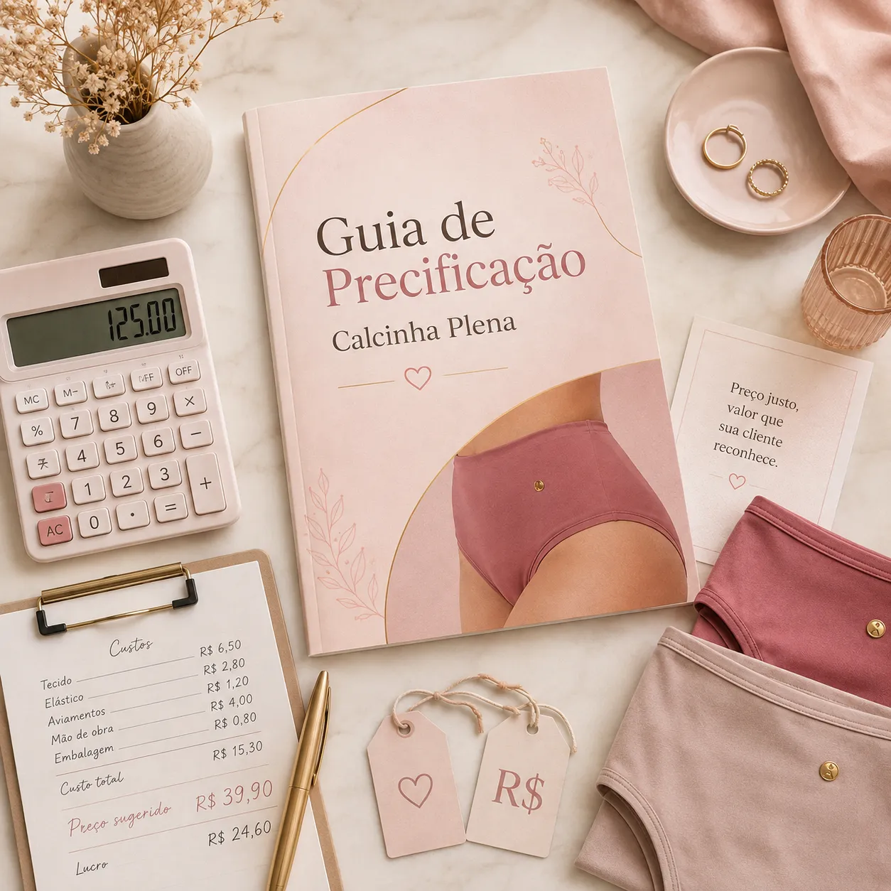 Guia de precificação da Calcinha Plena com calculadora e planilha de custos