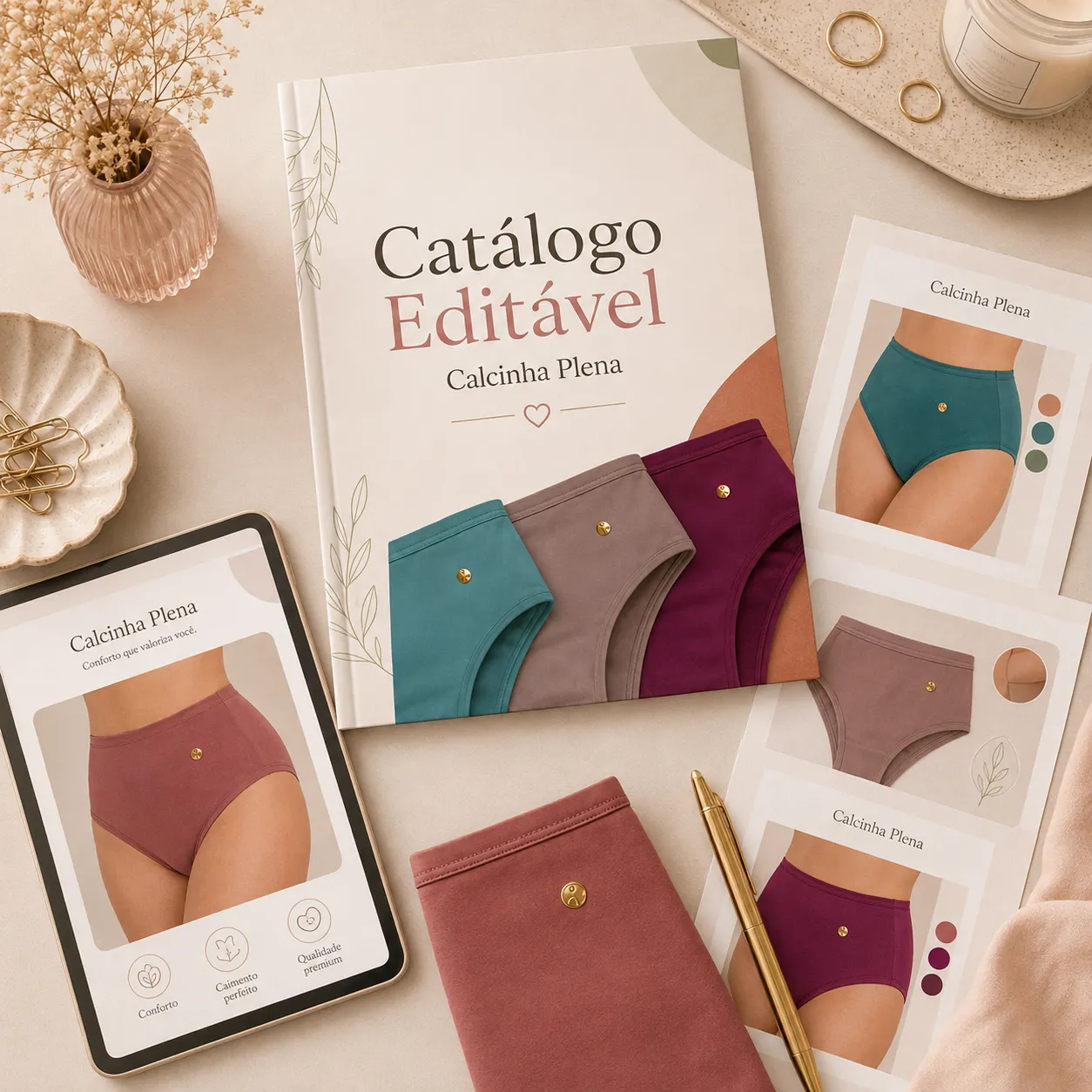 Catálogo editável da Calcinha Plena em tablet e impresso