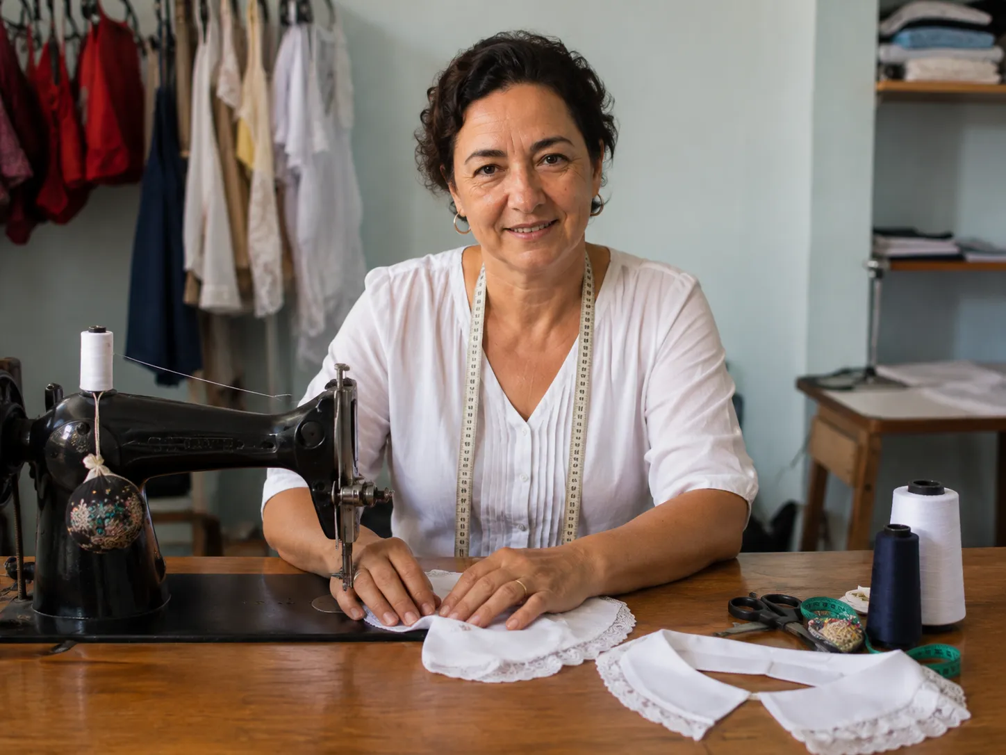 Mariana Costa, costureira e modelista, trabalhando em sua máquina de costura